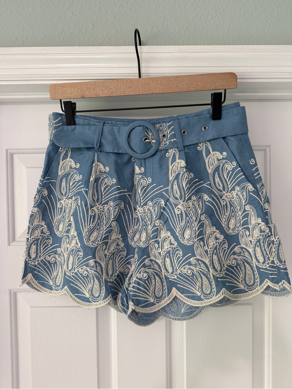 Aqua Blue High-Waist Embroidered Scallop Hem Shorts with Belt
